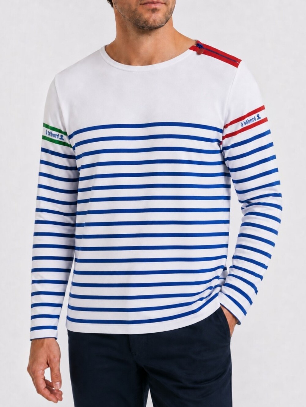 Mousqueton Marinière Breton Stripe Nautical Long Sleeve Top Shoulder Zip Men's M